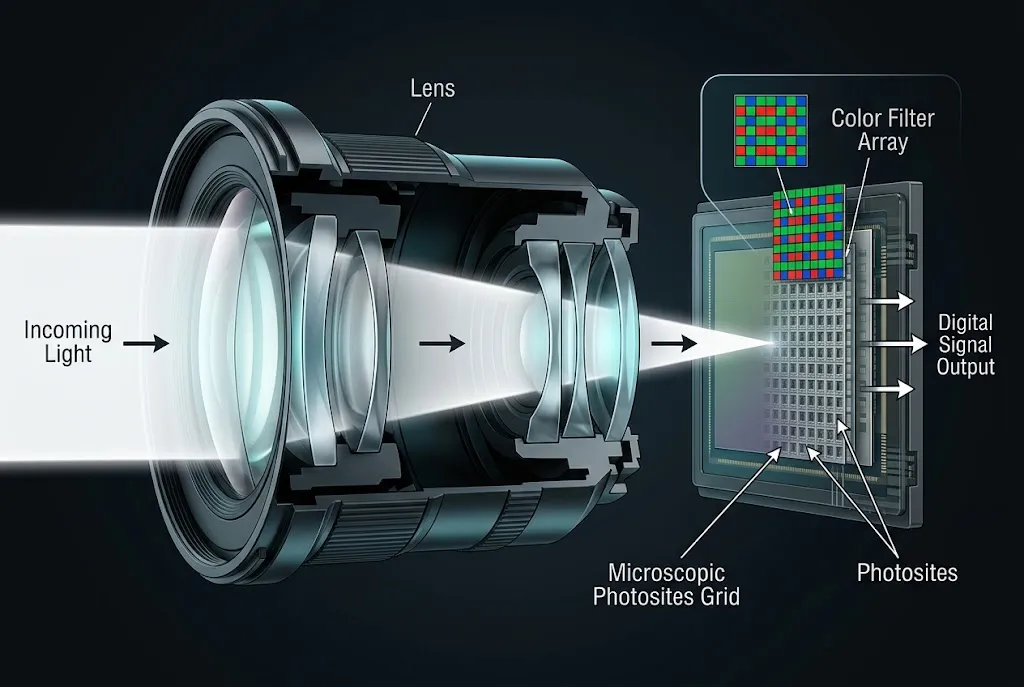 Cutaway diagram showing light moving through a camera lens onto the CMOS sensor