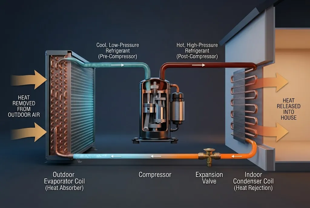 Heat pump cycle showing refrigerant flow, compression, and heat transfer
