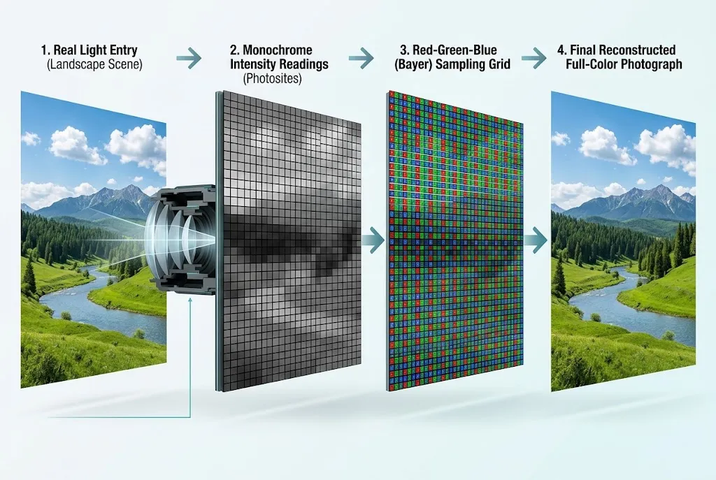 Visual comparison of light capture, sensor sampling, color filtering, and final digital photo