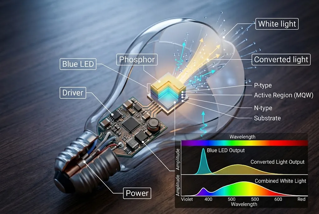 Diagram showing how blue LEDs and phosphor create white light