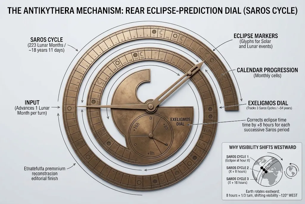 Saros cycle and eclipse prediction dial on the Antikythera Mechanism